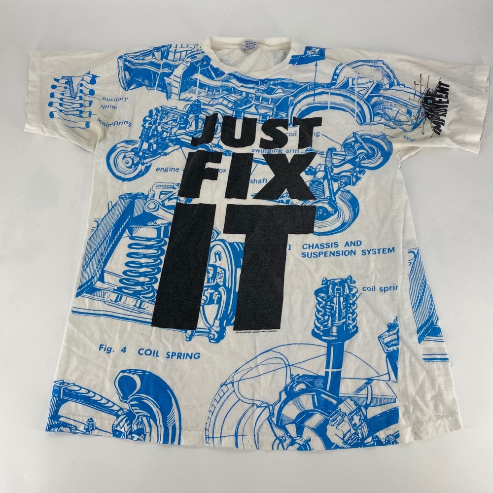 Vintage Just Fix It Automotive Blueprint T-Shirt Mens XXL White Blue 90s Tee